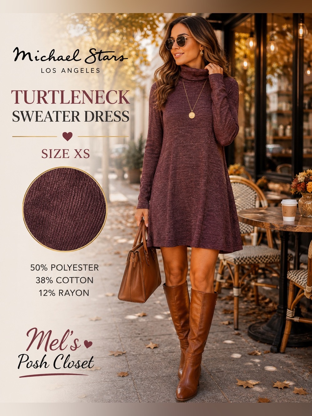 🌟🌟Michael Stars XS Plum Turtleneck Long Sleeve Sweater Dress Wine🌟🌟